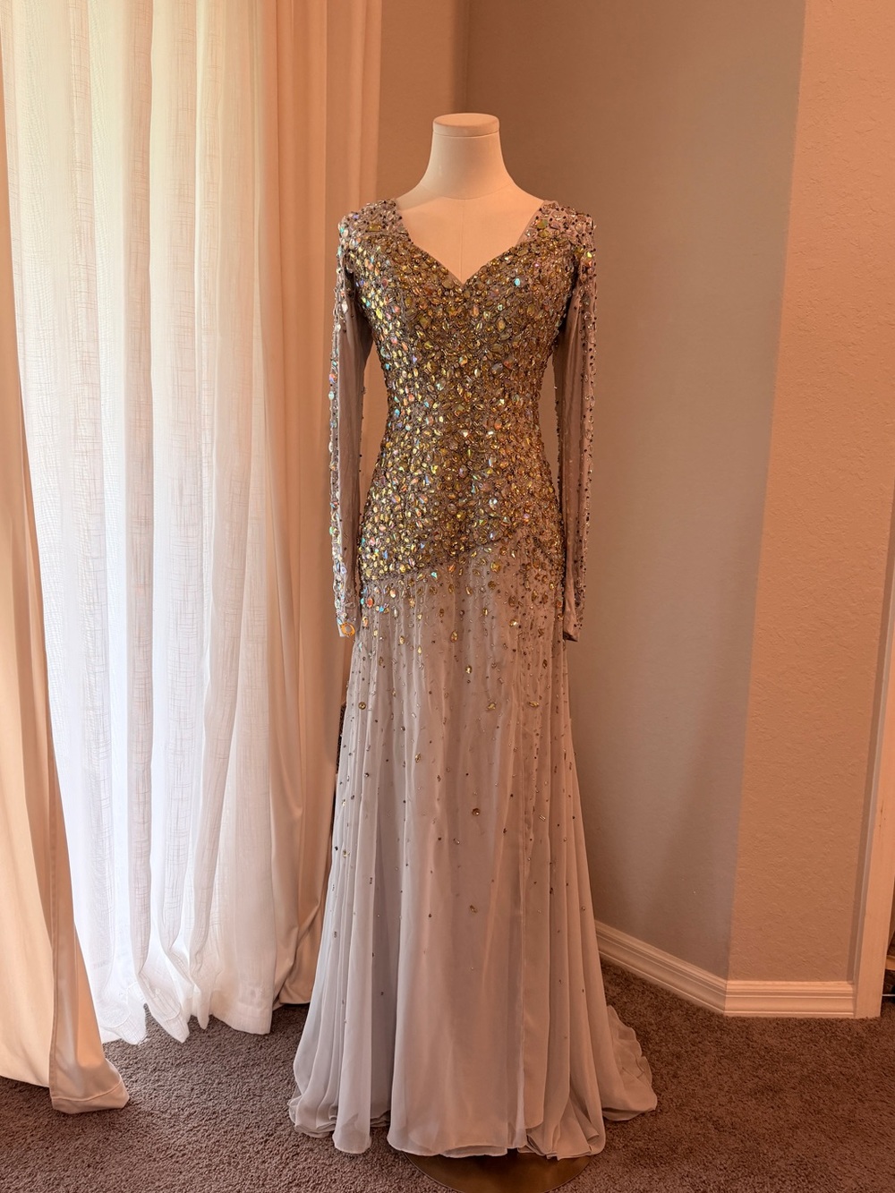 La Femme Champagne Gold Embellished Long Sleeve Evening Gown